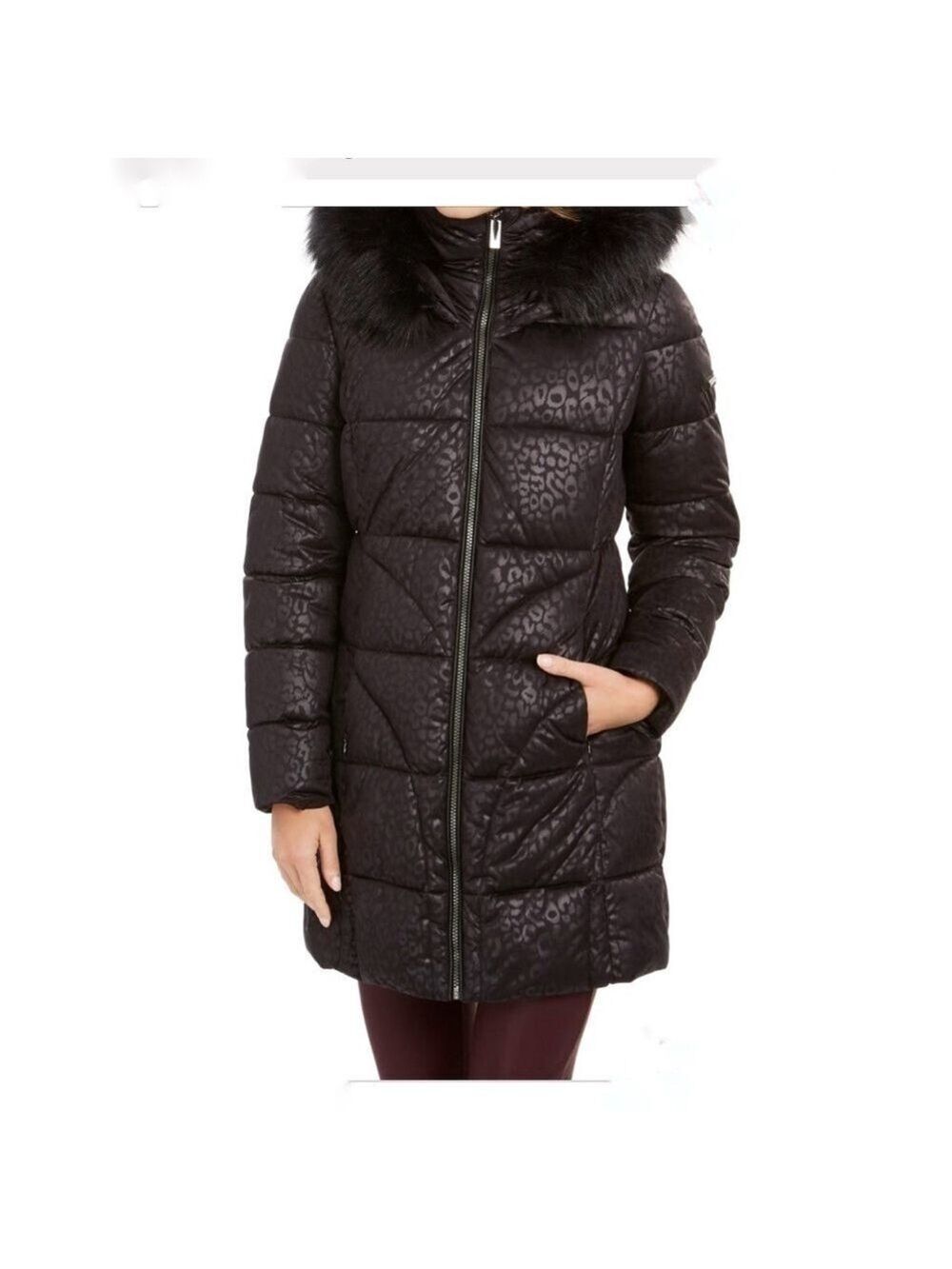 NWT-Via Spiga Women's Faux Fur-Trim Hooded Winter Leopard Print Puffer Coat LG